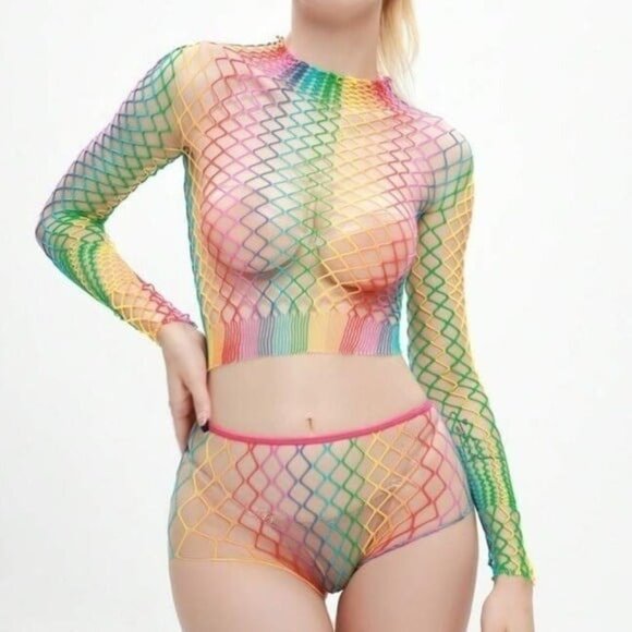 Rainbow Color Long-Sleeve Two-Piece Fishnet Set One-Size - Picture 1 of 6